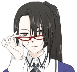 Rule 34 | 10s, 1girl, adjusting hair, bad id, bad pixiv id, bespectacled, black hair, brown eyes, dress shirt, glasses, kantai collection, looking at viewer, nachi (kancolle), open mouth, red-framed eyewear, shirt, sideways glance, smile, solo, udon (shiratama), upper body