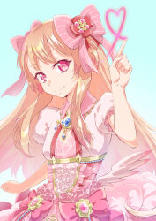 Rule 34 | 1girl, blonde hair, chaos marie (grimms notes), cleavage cutout, clothing cutout, flower, grimms notes, hair ribbon, heart, heart-shaped pupils, highres, jewelry, blue background, long hair, necklace, oboro neko, pendant, pink eyes, puffy short sleeves, puffy sleeves, ribbon, rose, short sleeves, smile, symbol-shaped pupils, upper body, wings