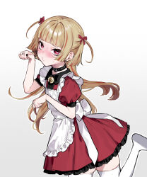 Rule 34 | 1girl, apron, back bow, bell, black collar, black nails, black trim, blonde hair, blunt bangs, blush, bow, buttons, collar, cowboy shot, dress, ear chain, flat chest, frilled apron, frilled dress, frills, hair ribbon, heart, heart-shaped pupils, highres, jewelry, long hair, looking at viewer, maid apron, multicolored hair, neck bell, nikubou maranoshin, original, paw pose, pout, puffy short sleeves, puffy sleeves, red dress, red eyes, red hair, ribbon, ring, short sleeves, sidelocks, simple background, skindentation, solo, standing, standing on one leg, streaked hair, sweat, symbol-shaped pupils, thighhighs, two-tone hair, waist bow, white apron, white background, white bow, white thighhighs, zettai ryouiki