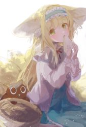 Rule 34 | 1girl, alternate hairstyle, animal ears, arknights, blonde hair, blue dress, blue hairband, blush, cat, dress, food, fox ears, fox girl, fox tail, frilled hairband, frills, green eyes, hair down, hairband, highres, holding, holding food, jacket, kitsune, long hair, long sleeves, looking at viewer, luo xiaohei zhanji, multiple tails, neck ribbon, open mouth, pink jacket, red ribbon, ribbon, sandwich, simple background, sitting, solo, straight hair, suzuiro (chocolatte), suzuran (arknights), suzuran (spring praise) (arknights), tail, white background