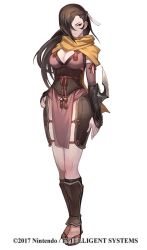 Rule 34 | 1girl, breasts, brown eyes, brown hair, cleavage, company name, female focus, fire emblem, fire emblem fates, fire emblem heroes, full body, hair over one eye, hand on own hip, kagero (fire emblem), lack, large breasts, long hair, ninja, nintendo, official art, ponytail, sandals, scarf, simple background, solo, white background