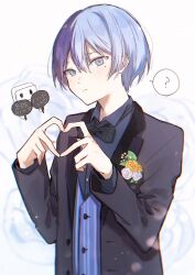 Rule 34 | 1boy, ?, aoyagi touya, tofu (project sekai), black bow, black bowtie, blazer, blue hair, blush, bow, bowtie, buttons, closed mouth, dark blue hair, finger heart, floral background, flower, formal, grey eyes, hair between eyes, highres, holding, jacket, jishio, junpaku no anata e chikai no uta wo! (project sekai), lapels, long sleeves, looking at viewer, male focus, mole, mole under eye, multicolored hair, notched lapels, official alternate costume, open clothes, open jacket, orange flower, project sekai, short hair, split-color hair, spoken question mark, two-tone hair, upper body