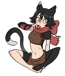 Rule 34 | 1girl, absurdres, ana (ana pijamas), animal ears, black hair, breasts, butterfly sitting, cat ears, cat girl, cat tail, crop top, dungeon meshi, highres, izutsumi, midriff, monster girl, red scarf, scarf, short hair, simple background, sitting, sleeveless, tail, white background, yellow eyes