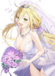 Rule 34 | 1girl, :d, bare shoulders, blonde hair, blush, bouquet, breasts, bridal veil, bride, cleavage, commentary request, cowboy shot, dress, elf, flower, green eyes, heart, heart-shaped pupils, highres, jewelry, kitada mo, long hair, looking at viewer, necklace, official art, open mouth, petals, pointy ears, ring, simple background, sleeveless, sleeveless dress, smile, solo, symbol-shaped pupils, twintails, veil, wedding band, wedding dress, white background, white dress