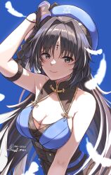 Rule 34 | 1girl, arm strap, as4gi, bare shoulders, black gloves, black hair, blue background, blue hat, breasts, cleavage, closed mouth, dress, gloves, hair ornament, hat, highres, large breasts, long hair, looking at viewer, multicolored hair, multiple girls, smile, solo, tacet mark (wuthering waves), upper body, very long hair, wuthering waves, yangyang (wuthering waves)