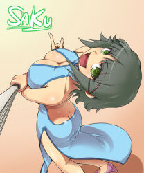 Rule 34 | 00s, 1girl, aizawa sakuya, arched back, ass, bare shoulders, breasts, butt crack, character name, china dress, chinese clothes, cleavage, cleavage cutout, clothing cutout, crossed arms, dress, hand fan, green eyes, green hair, hairu, harisen, hayate no gotoku!, high heels, large breasts, matching hair/eyes, nipples, shoes, short hair, smile, solo