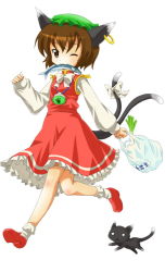 Rule 34 | 1girl, :3, animal ears, bag, brown eyes, brown hair, cat, cat ears, cat tail, chen, dress, earrings, female focus, fish, full body, groceries, hat, jewelry, michii yuuki, mouth hold, multiple tails, one eye closed, ribbon, short hair, simple background, solo, spring onion, tail, tail ornament, tail ribbon, touhou, white background, wink