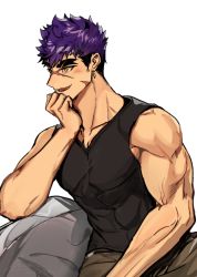 Rule 34 | 1boy, abs, bara, biceps, black tank top, covered abs, cross scar, earrings, head rest, highres, jewelry, looking to the side, male focus, manly, muscular, muscular male, ninetyyou, open mouth, original, pectorals, purple hair, scar, scar on face, short hair, sitting, slit pupils, solo, tank top, white background, yellow eyes