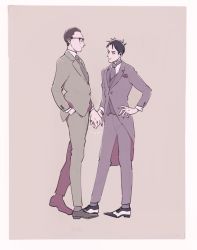 Rule 34 | batman (series), black hair, brown hair, edward nygma, formal, glasses, gotham (series), hand on own hip, ichino (icn321), multiple boys, necktie, oswald chesterfield cobblepot, short hair, simple background, smile, standing, suit, the penguin, the riddler