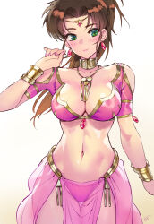 Rule 34 | 1girl, arabaian fight, arabian fight, breasts, brown hair, cleavage, clothing cutout, commentary request, commission, cowboy shot, crop top, earrings, green eyes, groin, highres, jewelry, large breasts, long hair, looking at viewer, matsuda (matsukichi), midriff, navel, neck ring, pink lips, pink shirt, pixiv commission, ramaya, see-through, shirt, short sleeves, shoulder cutout, smile, solo, standing, stomach, thighs