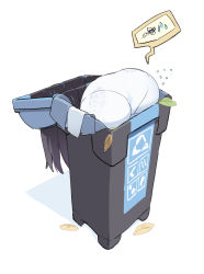 Rule 34 | absurdres, arrow (symbol), ass, black hair, blue archive, commentary request, dorontabi, flying sweatdrops, footprints, highres, leaf, long hair, miyu (blue archive), panties, panties under pantyhose, pantyhose, recycle bin, recycling symbol, solo, speech bubble, stuck, trapped, trash can, underwear, white background, white panties, white pantyhose