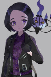 Rule 34 | 1girl, bad id, bad pixiv id, black gloves, black hair, black jacket, blue fire, chandelure, closed mouth, collared shirt, commentary request, creatures (company), dress shirt, fire, forehead, game freak, gen 5 pokemon, gloria (pokemon), gloves, grey background, hand up, highres, jacket, kayanogura, long sleeves, looking at viewer, nintendo, open clothes, open jacket, parted bangs, pokemon, pokemon (creature), pokemon swsh, print shirt, purple eyes, purple shirt, shirt, short hair, simple background, thick eyebrows, upper body