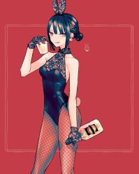 Rule 34 | 1girl, :p, alternate costume, animal ears, bottle, braid, breasts, closed mouth, cup, drinking glass, fake animal ears, fate/grand order, fate (series), feet out of frame, fishnet pantyhose, fishnets, glass bottle, gloves, hair bun, halter leotard, halterneck, holding, holding bottle, holding cup, jing ke (fate), katagiri (mighty swing), leotard, looking at viewer, nontraditional playboy bunny, pantyhose, rabbit ears, short hair, simple background, sleeveless, small breasts, smile, solo, tongue, tongue out