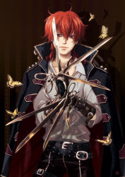 Rule 34 | 1boy, animal, ask (utaite), belt, belt buckle, black gloves, black pants, buckle, bug, butterfly, closed mouth, cowboy shot, gloves, indie utaite, insect, jacket, jacket on shoulders, long sleeves, looking at viewer, male focus, mechanical hands, multiple belts, niconico, pants, red hair, scissorhands (vocaloid), scissors, shadow, shirt, solo, solt, utaite, vocaloid, white shirt