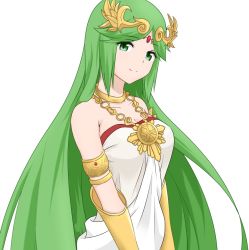 Rule 34 | 1girl, armlet, bare shoulders, bracer, breasts, circlet, cleavage, closed mouth, collarbone, dress, female focus, gem, gold, green eyes, green hair, head tilt, jewelry, kid icarus, kid icarus uprising, large breasts, light smile, long hair, looking at viewer, lots of jewelry, mito engine, neck, neck ring, necklace, nintendo, palutena, red gemstone, simple background, smile, solo, straight hair, strapless, strapless dress, upper body, v arms, very long hair, white background, white dress