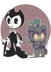 Rule 34 | bendy, bendy and the ink machine, cane, creatures (company), crossover, eye contact, game freak, gen 7 pokemon, legendary pokemon, looking at another, marshadow, mythical pokemon, nintendo, no humans, pokemon, pokemon sm