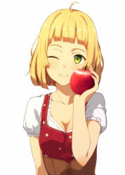 Rule 34 | 1girl, ahoge, apple, blonde hair, blush, breasts, cleavage, collarbone, dirndl, dress, food, fruit, german clothes, green eyes, holding, holding food, holding fruit, kinta (distortion), looking at viewer, neck, one eye closed, original, short hair, short sleeves, simple background, small breasts, smile, solo, upper body, white background, wink