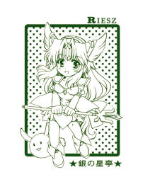 Rule 34 | 1girl, :d, armor, character name, chibi, elbow gloves, forehead jewel, gloves, head wings, helmet, lineart, monochrome, open mouth, pauldrons, polearm, rabite (seiken densetsu), riesz, seiken densetsu, seiken densetsu 3, shoes, shoulder armor, smile, spear, tamiya akito, weapon, winged helmet, wings