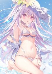 Rule 34 | 1girl, ame usari, barefoot, bikini, blue sky, bow, bow bikini, breasts, cleavage, commentary request, day, flower, hat, hat flower, highres, long hair, looking at viewer, medium breasts, navel, original, outdoors, parted lips, purple hair, red eyes, sky, solo, sunflower, swimsuit, two side up, very long hair, water drop, white bikini, white hat, yellow flower