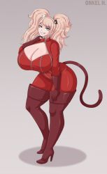 Rule 34 | 1girl, absurdres, bear hair ornament, bodysuit, boots, breasts, cat tail, cleavage, cleavage cutout, clothing cutout, cosplay, curvy, danganronpa (series), enoshima junko, female focus, full body, gloves, grey eyes, hair ornament, high heel boots, high heels, highres, huge breasts, leotard, long hair, looking at viewer, onkelhhh, persona, persona 5, pink hair, simple background, solo, tail, takamaki anne, takamaki anne (cosplay), thick thighs, thigh boots, thighs, twintails, zipper