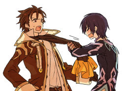 Rule 34 | 2boys, alvin (tales), bad id, bad pixiv id, black hair, blush, brown eyes, brown hair, ascot, gloves, jacket, jude mathis, male focus, multiple boys, pulling, scarf, tales of (series), tales of xillia, tayako, white background
