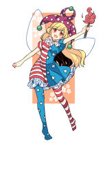 Rule 34 | 1girl, american flag dress, bare arms, blonde hair, clownpiece, dress, fairy wings, fire, full body, hat, haya taro pochi, head tilt, holding, jester cap, long hair, looking at viewer, neck ruff, pantyhose, polka dot, red eyes, short dress, short sleeves, smile, solo, star (symbol), star print, striped clothes, striped dress, striped pantyhose, torch, touhou, white background, wings