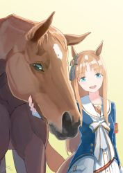 Rule 34 | 1girl, :d, absurdres, animal ears, armband, birthday, blue eyes, brown hair, creature and personification, dated, grass wonder (racehorse), grass wonder (umamusume), happy birthday, highres, horse, horse ears, horse girl, horse tail, laminar flow, long hair, looking at viewer, multicolored hair, open mouth, sailor collar, signature, simple background, smile, tail, umamusume, yellow background