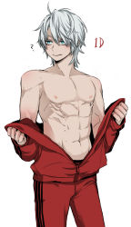 Rule 34 | 1boy, ?, abs, bad id, bad pixiv id, blue eyes, dante (devil may cry), devil may cry (series), dishing, male focus, muscular, navel, open clothes, pectorals, short hair, silver hair, solo, track suit, undressing
