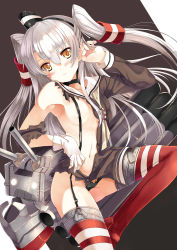 Rule 34 | 10s, 1girl, amatsukaze (kancolle), blush, brown eyes, gloves, highres, kantai collection, long hair, machinery, rensouhou-kun, silver hair, solo, torn clothes, two side up, xephonia