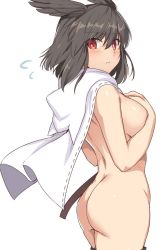 Rule 34 | 1girl, ass, back, black hair, blush, breasts, cape, covering privates, covering breasts, fate/grand order, fate (series), hair between eyes, hands on own chest, head wings, hip focus, looking at viewer, looking back, medium breasts, naked cape, ortlinde (fate), parted lips, red eyes, shiseki hirame, short hair, sidelocks, simple background, solo, valkyrie (fate), white background, wings