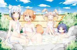Rule 34 | 4girls, :d, ahoge, alcohol, animal ears, arm rest, arm support, bad id, bad pixiv id, bath, bathing, black hair, blue sky, blush, bottomless, breasts, brown eyes, brown hair, bush, cat ears, cat tail, choko (cup), cleavage, closed eyes, closed mouth, cloud, collarbone, commentary request, convenient censoring, crossed legs, cup, day, dog ears, dog tail, facing viewer, fang, flat chest, hair between eyes, hand on another&#039;s knee, inumine aya, leaning forward, long hair, looking at viewer, medium breasts, multicolored hair, multiple girls, naked towel, nude, onsen, open mouth, original, outdoors, partially submerged, purple hair, rabbit ears, rock, sake, same-sex bathing, shared bathing, short hair, sidelocks, silver hair, sitting, sky, small breasts, smile, soaking feet, standing, tail, tokkuri, towel, two-tone hair, water, yellow eyes