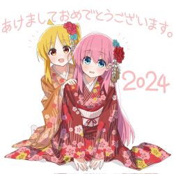 Rule 34 | 2024, 2girls, blonde hair, blue flower, blush, bocchi the rock!, floral print kimono, flower, gotoh hitori, hair flower, hair ornament, happy new year, highres, ijichi nijika, japanese clothes, kimono, looking at viewer, multiple girls, nervous, new year, orange hair, orange kimono, pink hair, red flower, red kimono, smile, to9 722, translation request, white background