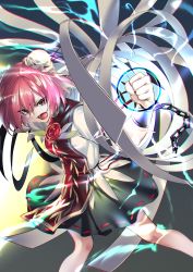 Rule 34 | 1girl, bandages, black skirt, breasts, bun cover, chain, chromatic aberration, clenched hand, commentary request, cuffs, energy ball, feet out of frame, flower, from above, gradient background, hair between eyes, highres, ibaraki kasen, medium breasts, open mouth, pink eyes, pink hair, ribbon-trimmed skirt, ribbon trim, rose, shackles, shirt, short hair, short sleeves, shukusuri, simple background, skirt, solo, tabard, touhou, v-shaped eyebrows, white shirt