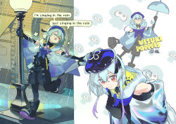 Rule 34 | 1boy, absurdres, arknights, bare shoulders, beret, blue hair, blush, boots, bow, closed mouth, commentary, elbow gloves, english commentary, favilia, finger to mouth, gloves, hat, highres, holding, holding umbrella, mizuki (arknights), music, raincoat, see-through, shorts, singing, solo, umbrella