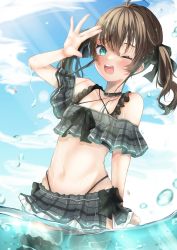 Rule 34 | 1girl, ;d, absurdres, aqua eyes, beach, bikini, brown hair, commentary, frilled bikini, frilled skirt, frills, highres, hololive, midriff, nanahoshi (n bl08), natsuiro matsuri, navel, one eye closed, open mouth, partially submerged, short twintails, skirt, smile, solo, swimsuit, symbol-only commentary, thigh strap, twintails, virtual youtuber, water