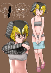 Rule 34 | &gt; &lt;, ..., 2girls, bare arms, bare legs, bare shoulders, black hair, blonde hair, bra, breasts, brown background, campo flicker (kemono friends), chibi, chibi inset, collarbone, commentary request, dirty, dirty clothes, dirty face, envelope, flying sweatdrops, full body, glasses, grey bra, grey panties, grey wolf (kemono friends), hair between eyes, head wings, highres, holding, holding envelope, japari symbol, jitome, kemono friends, manila envelope, multicolored hair, multiple girls, multiple views, murakami kou (raye), navel, nervous sweating, open mouth, panties, partial commentary, pince-nez, pink footwear, short hair, simple background, slippers, small breasts, spoken ellipsis, stomach, sweat, underwear, underwear only, undressing, upper body, v arms, wavy mouth, wings