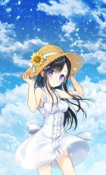 Rule 34 | 1girl, :o, arms up, bare arms, black hair, blush, breasts, collarbone, contrapposto, cowboy shot, day, dress, flower, hair flower, hair ornament, hands on headwear, hat, hat flower, light particles, long hair, looking at viewer, original, outdoors, parted lips, purple eyes, ratise, see-through, sleeveless, sleeveless dress, small breasts, solo, standing, straw hat, sundress, sunflower, white dress