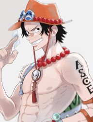 Rule 34 | 1boy, abs, bandaid, bandaid on face, bandaid on nose, bead necklace, beads, black eyes, black hair, blurry, commentary request, depth of field, grin, hat, highres, holding, jewelry, kotaa, male focus, necklace, one piece, portgas d. ace, smile, solo, toned, toned male, topless male, twitter username