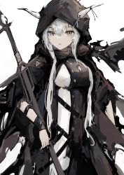 Rule 34 | 1girl, absurdres, arknights, black dress, breasts, cloak, cowboy shot, dress, eyebrows hidden by hair, gradient background, grey background, grey eyes, highres, hood, hood up, hooded cloak, horns through hood, jewelry, large breasts, lch, long hair, looking at viewer, necklace, parted lips, shining (arknights), silver hair, solo, sword, weapon, wristband