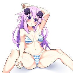 Rule 34 | 1girl, adult neptune, arm behind head, arm up, armpits, ass, bikini, blush, breasts, d-pad, d-pad hair ornament, groin, hair ornament, highres, kurozero, long hair, looking at viewer, medium breasts, navel, neptune (series), open mouth, purple eyes, purple hair, shin jigen game neptune vii, simple background, solo, striped bikini, striped clothes, swimsuit, thighs, very long hair, white background