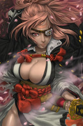 Rule 34 | 1girl, absurdres, amputee, baiken, big hair, black jacket, breasts, cleavage, commentary, english commentary, eyepatch, facial tattoo, guilty gear, guilty gear xrd, highres, holding, holding sword, holding weapon, jacket, jacket on shoulders, japanese clothes, kataginu, katana, kimono, large breasts, looking at viewer, multicolored clothes, multicolored kimono, obi, one-eyed, open clothes, open kimono, parted lips, pink hair, pink lips, ponytail, red eyes, reikakukoto, samurai, sash, scar, scar across eye, scar on face, sheath, sword, tattoo, weapon
