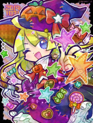 Rule 34 | 1girl, blonde hair, blue eyes, bow, broom, candy, doradorakingyo, food, halloween, holding, holding broom, index finger raised, jack-o&#039;-lantern, lollipop, long hair, looking at viewer, pumpkin hat, purple headwear, puyopuyo, red bow, red ribbon, ribbon, solo, star (symbol), stitches, swirl lollipop, witch, witch (puyopuyo), wrapped candy