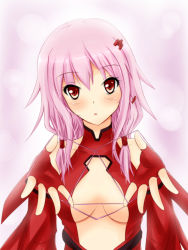 Rule 34 | 10s, 1girl, bare shoulders, breasts, cat&#039;s cradle, center opening, cleavage, detached sleeves, elbow gloves, fingerless gloves, folko, gloves, guilty crown, hair ornament, hairclip, head tilt, heart, long hair, looking at viewer, navel, open mouth, outstretched arms, pink hair, red eyes, solo, twintails, yuzuriha inori