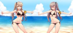 Rule 34 | 2girls, absurdres, armband, bad id, bad pixiv id, beach, bikini, black bikini, blue sky, bow, breasts, brown hair, cleavage, closed eyes, closed mouth, cloud, collared vest, contrapposto, day, embarrassed, front-tie bikini top, front-tie top, girls&#039; frontline, gluteal fold, hair bow, highres, horizon, large breasts, long hair, looking at viewer, multiple girls, narynn, navel, ocean, open mouth, outdoors, outstretched arms, outstretched hand, purple eyes, scar, scar across eye, scar on face, short hair, siblings, side-tie bikini bottom, side-tie bottom, side ponytail, sidelocks, sisters, sky, small breasts, smile, standing, strap gap, string bikini, swimsuit, twins, twintails, ump45 (girls&#039; frontline), ump9 (girls&#039; frontline), very short hair, vest, water, wet, wet hair