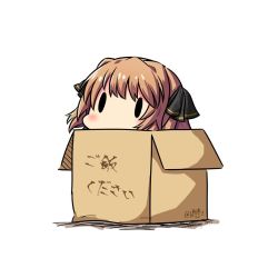 Rule 34 | 1girl, black ribbon, box, brown hair, cardboard box, dated, hachijou (kancolle), hair ribbon, hatsuzuki 527, in box, in container, kantai collection, ribbon, short hair, simple background, solid oval eyes, solo, translation request, twitter username, white background