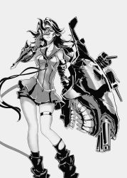 Rule 34 | 10s, 1girl, abyssal ship, bare shoulders, blindfold, boots, breasts, cannon, cleavage, dress, elbow gloves, gloves, greyscale, highres, horns, kantai collection, light cruiser princess, long hair, looking at viewer, mask, monochrome, one eye covered, open mouth, parted bangs, removing mask, simple background, skindentation, softmode, solo, standing, teeth, thigh strap, thighs, turret