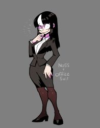 Rule 34 | 1girl, absurdres, alternate costume, blazer, english text, highres, jacket, long hair, looking at viewer, multicolored hair, noss (rariatto), office lady, original, pantyhose, pencil skirt, rariatto (ganguri), sidelocks, skirt, smile, solo, streaked hair, two-tone hair, vampire, wavy mouth