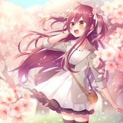 Rule 34 | 1girl, :d, amane kurumi, bag, black thighhighs, blue sky, blurry, blurry foreground, blush, breasts, brown eyes, cherry blossoms, collarbone, commentary request, day, depth of field, dress, flower, grey jacket, hair flower, hair ornament, hair ribbon, hand up, jacket, long hair, long sleeves, looking away, open clothes, open jacket, open mouth, original, outdoors, petals, pink flower, red hair, ribbon, shoulder bag, sky, small breasts, smile, solo, standing, thighhighs, tree, two side up, very long hair, white dress, white ribbon, wind
