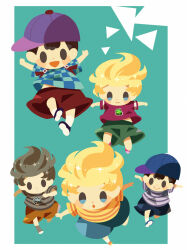 Rule 34 | 5boys, alternate color, blonde hair, border, checkered clothes, checkered shirt, clone, closed mouth, green shorts, grey hair, hitofutarai, lucas (mother 3), male focus, masked man (mother 3), midriff peek, mother (game), mother 2, mother 3, multiple boys, ness (mother 2), nintendo, player 2, purple headwear, red shorts, running, shirt, shorts, sideways hat, smile, solid oval eyes, striped clothes, striped shirt, super smash bros., white border