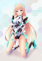 Rule 34 | 1girl, :o, absurdres, angela balzac, armor, bare shoulders, black panties, blonde hair, blue eyes, blush, boots, breasts, character name, covered collarbone, elbow gloves, embarrassed, faulds, full body, gloves, greaves, groin, hair ornament, halterneck, headgear, hexagon, highleg, highleg leotard, highres, hip vent, holding own arm, honeycomb (pattern), honeycomb background, honeycomb pattern, impossible clothes, impossible leotard, knee boots, kneeling, kuro neko (yxmikan), legs apart, leotard, long hair, looking at viewer, low twintails, mecha musume, medium breasts, neon trim, open mouth, panties, parted bangs, pilot suit, raised eyebrows, rakuen tsuihou, shadow, solo, thigh strap, turtleneck, twintails, underwear, vambraces, very long hair